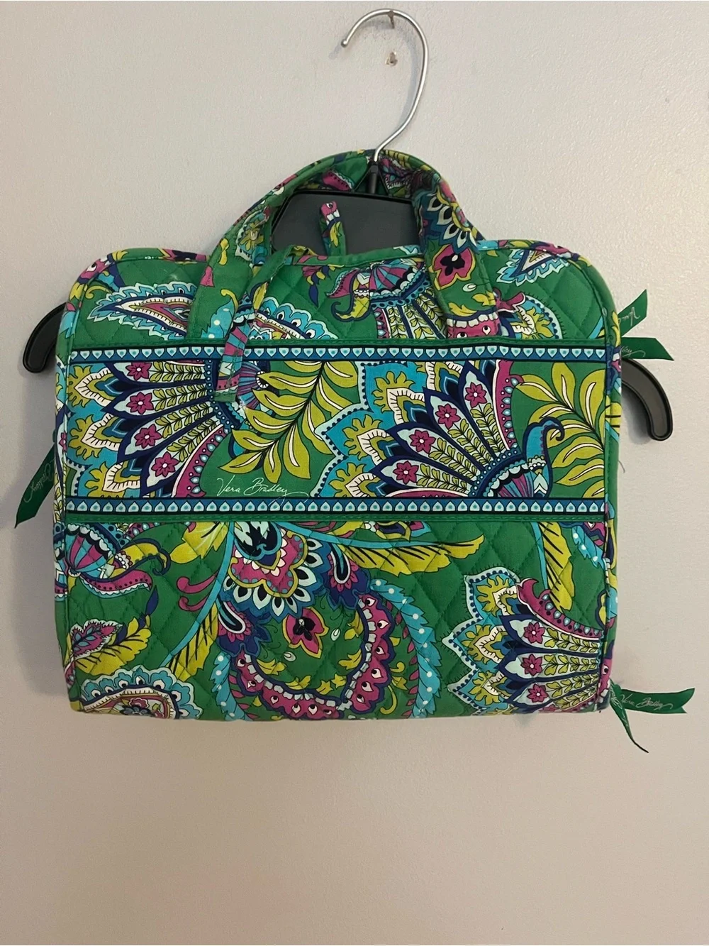 Vera Bradley Green Paisley Cosmetic Case with Pink, Yellow & Blue Accents